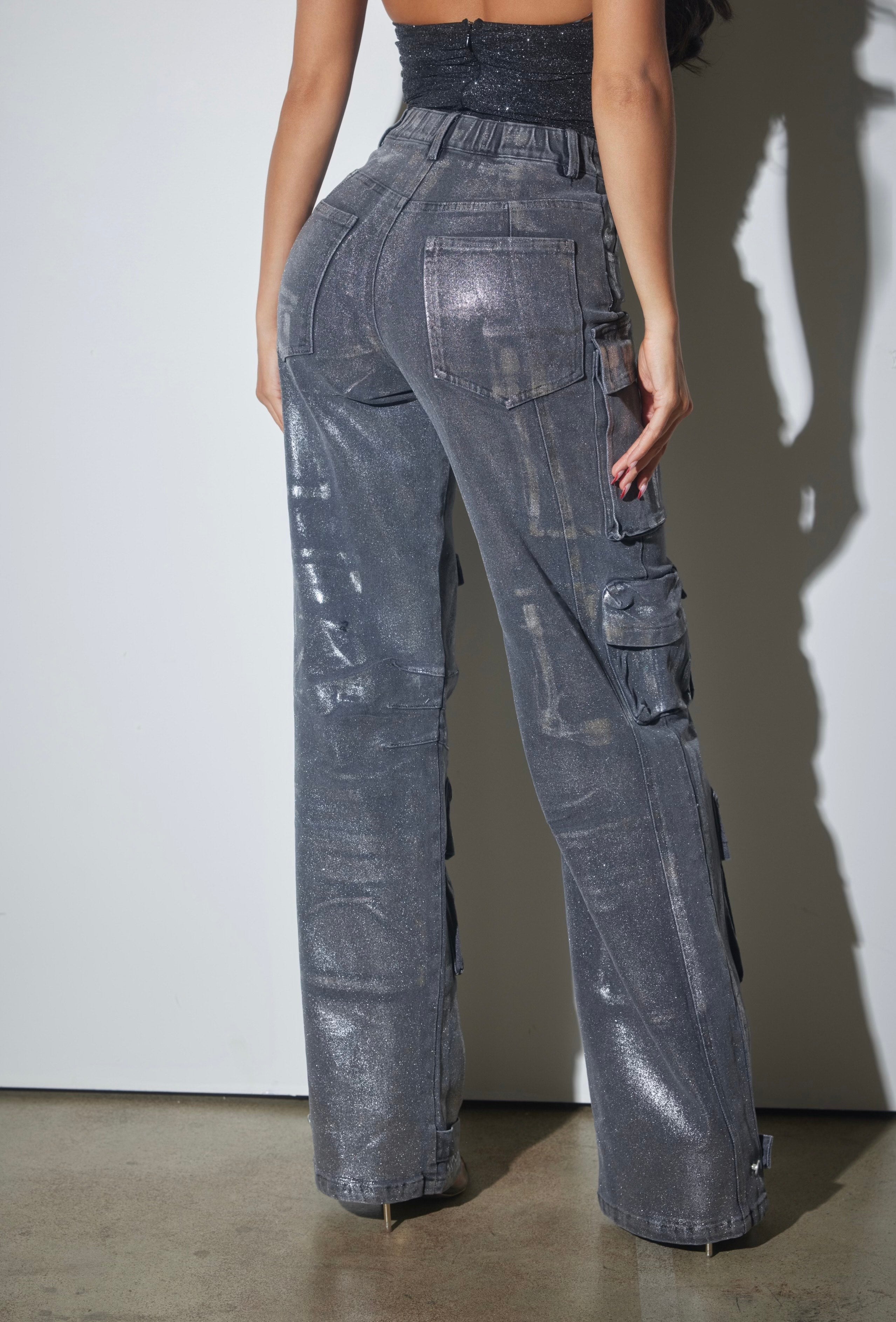 Metallic Foil Denim Cargo Jeans