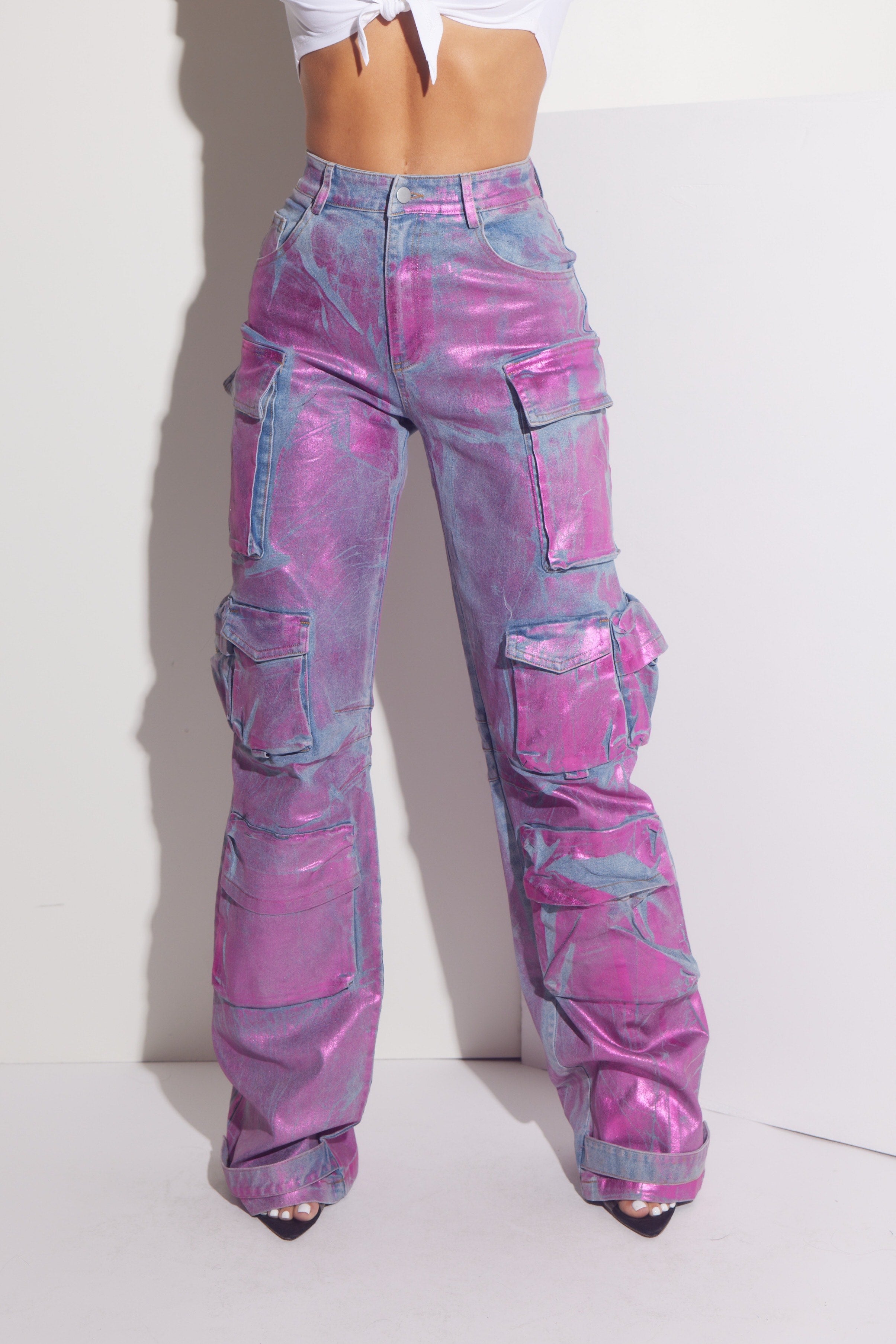 Metallic Foil Denim Cargo Jeans