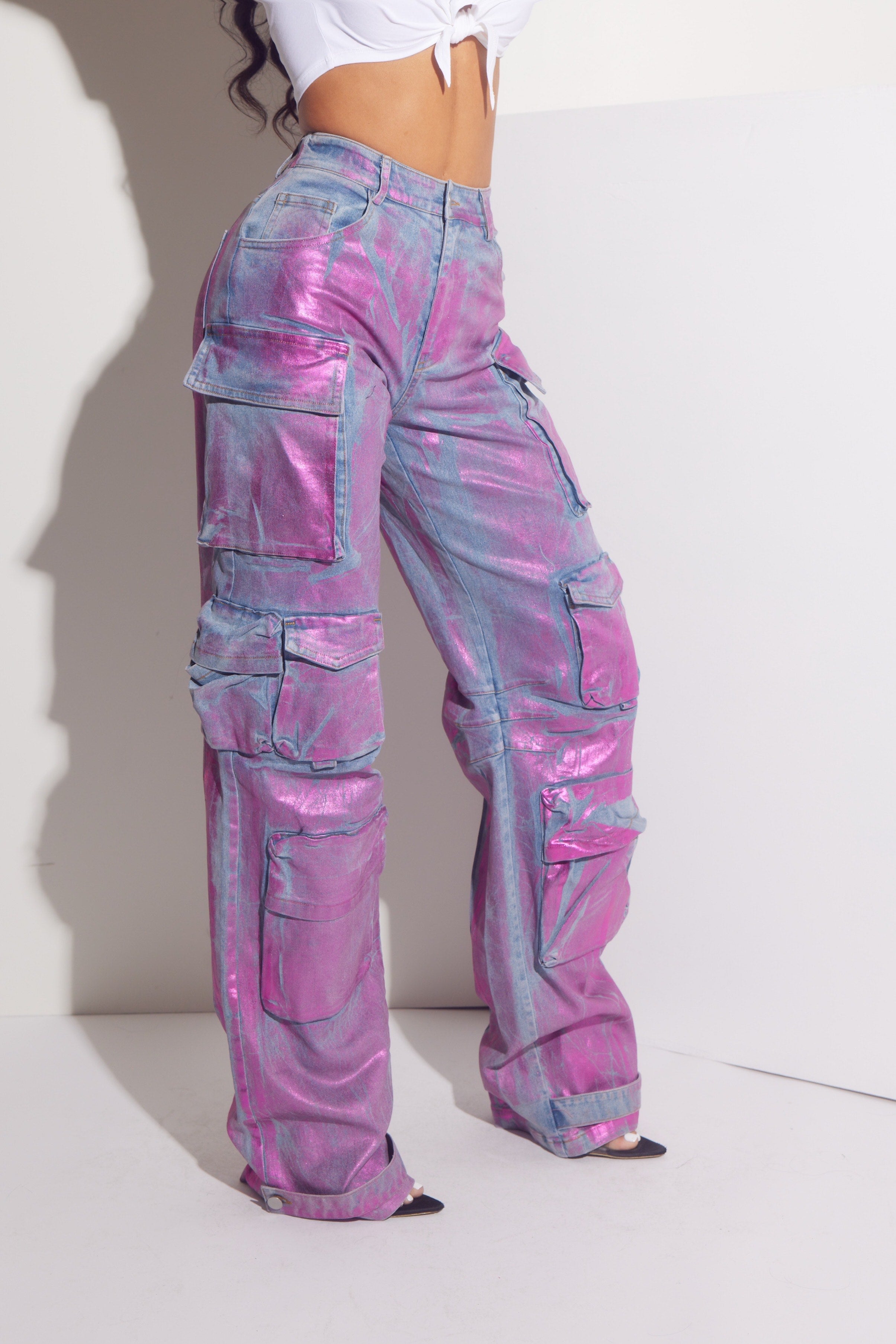 Metallic Foil Denim Cargo Jeans