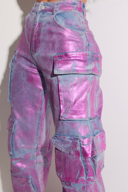 Metallic Foil Denim Cargo Jeans