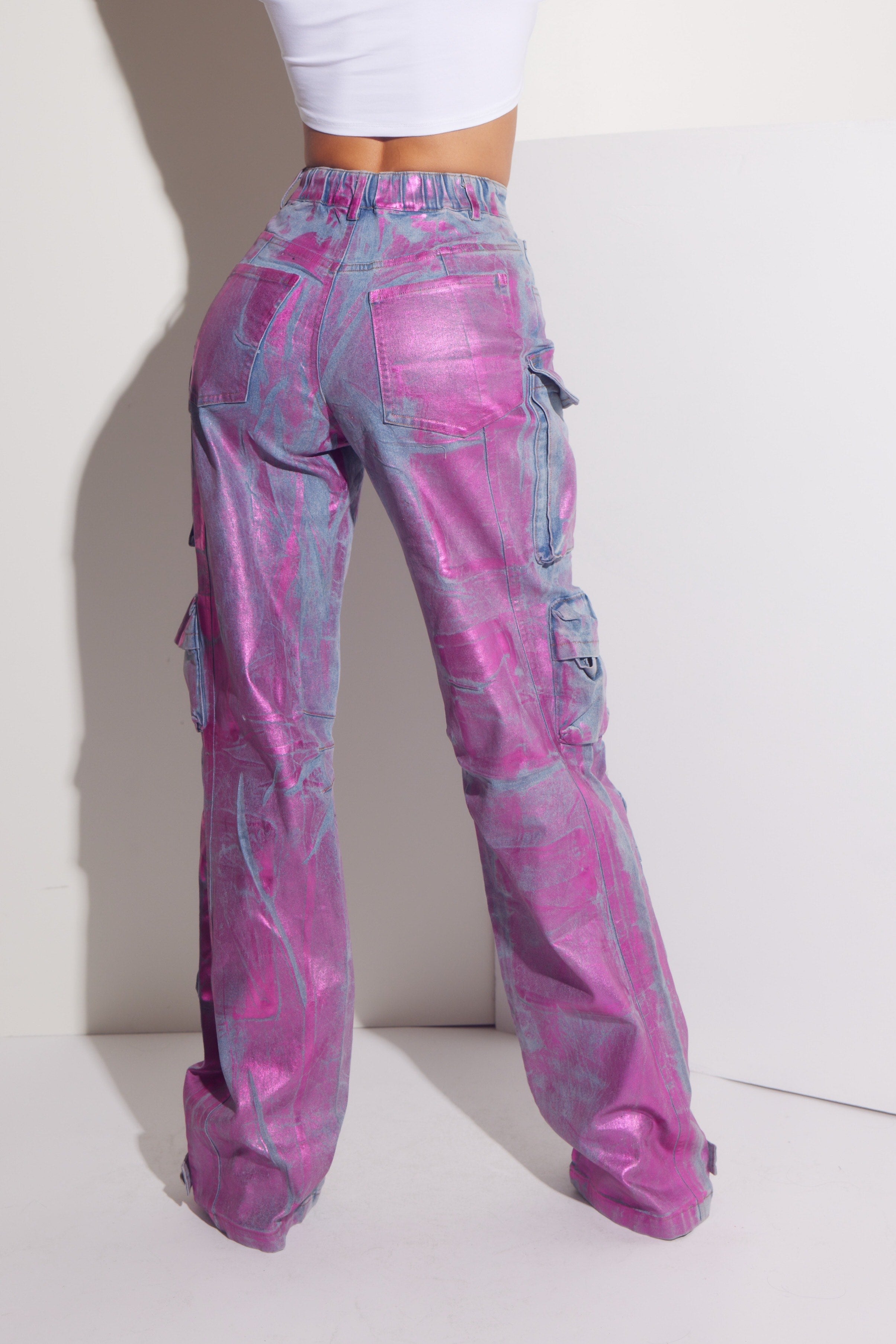 Metallic Foil Denim Cargo Jeans