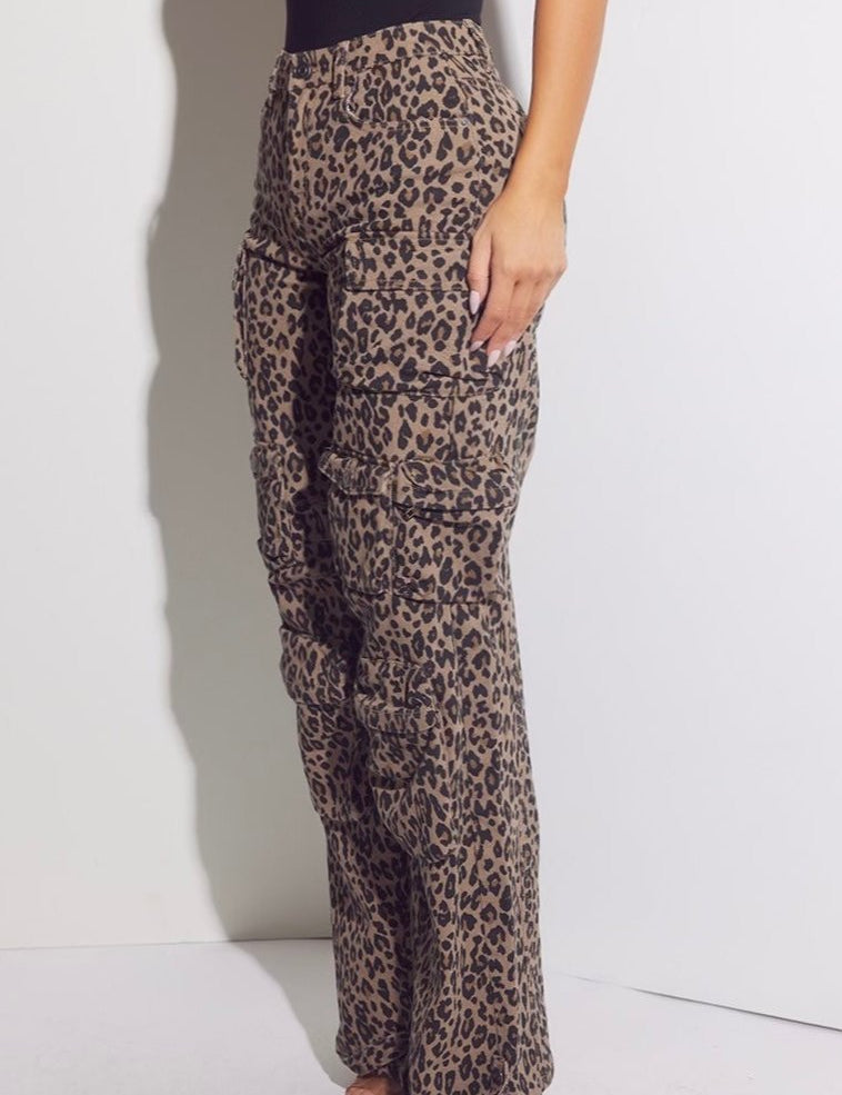 Animal Print Straight Leg Cargo Denim