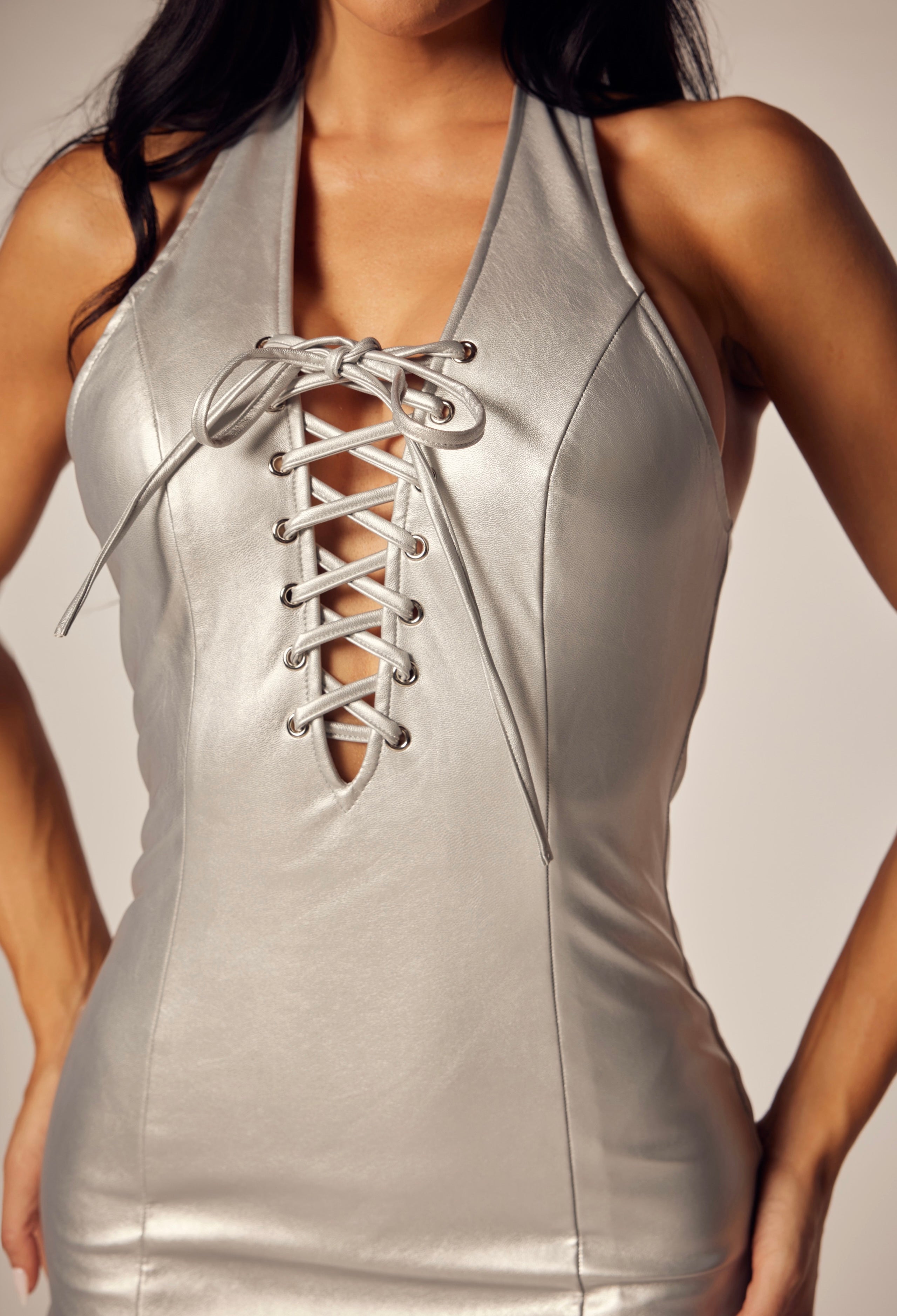 Faux Leather Lace Up Mini Dress Ver Luisant Faux Leather Lace Up Mini Dress Ver Luisant
