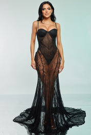 Sheer Lace Bustier Mermaid Gown