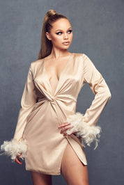 Long Sleeve Satin Feather Trim Mini Dress