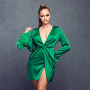 Long Sleeve Satin Feather Trim Mini Dress