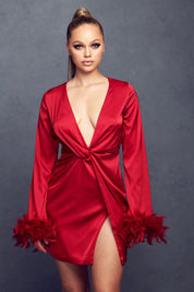 Long Sleeve Satin Feather Trim Mini Dress