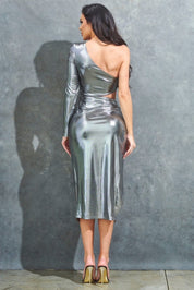 Metallic One Shoulder Midi Dress