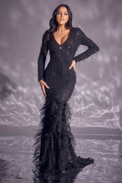 Long Sleeve Ostrich Feather Maxi Dress