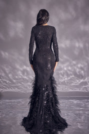 Ostrich Feather Sequin Maxi Gown