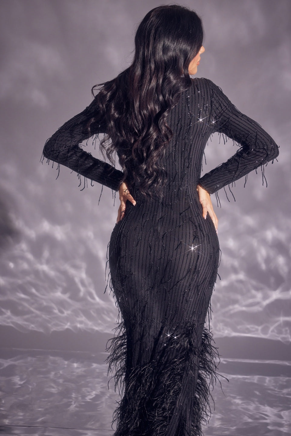 Long Sleeve Ostrich Feather Maxi Dress