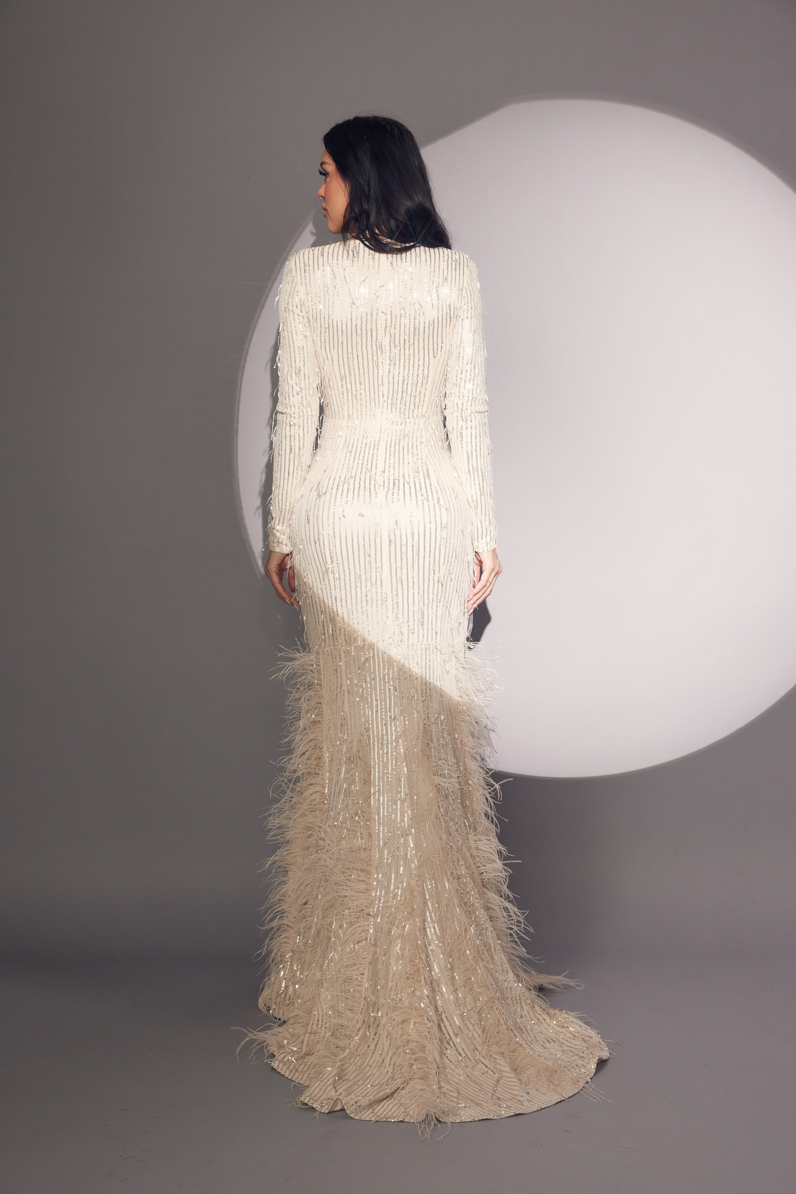 Ostrich Feather Sequin Maxi Gown