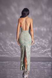 Sequin Print Mesh Halter Gown