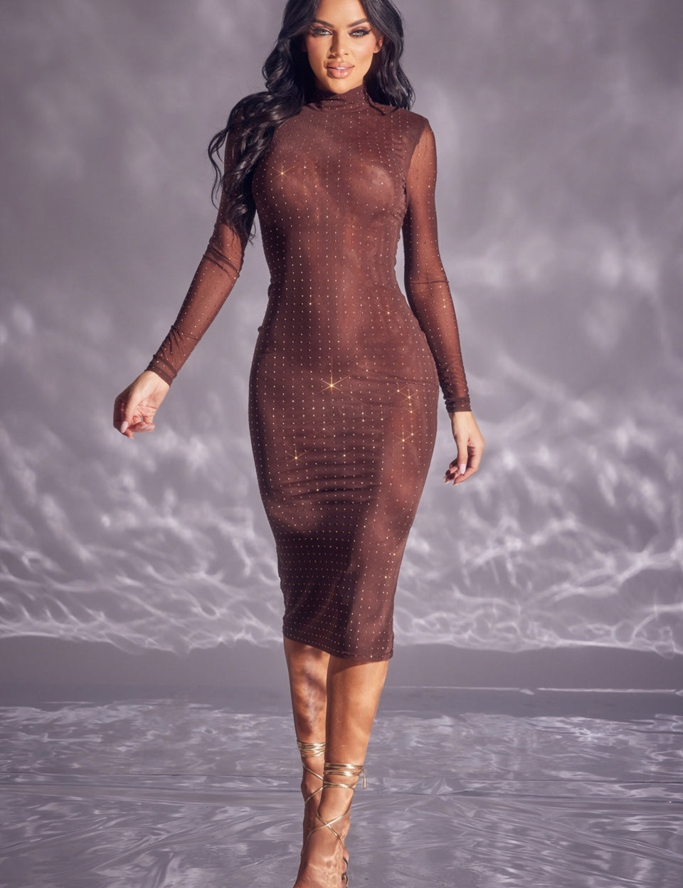 Long Sleeve Mesh Rhinestone Midi Dress