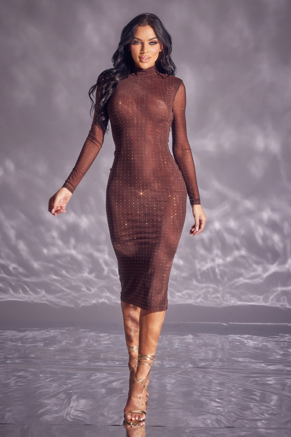 Long Sleeve Mesh Rhinestone Midi Dress