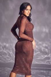 Long Sleeve Mesh Rhinestone Midi Dress