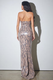 Strapless Sequin Animal Print Maxi Gown