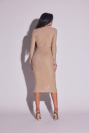 Rhinestone Pearl Lurex Long Sleeve Midi Dress