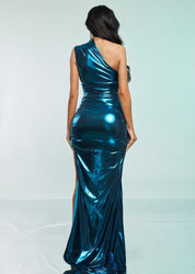 Metallic Foil One Shoulder Maxi Dress