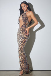 Animal Print Sequin Halter Maxi Gown