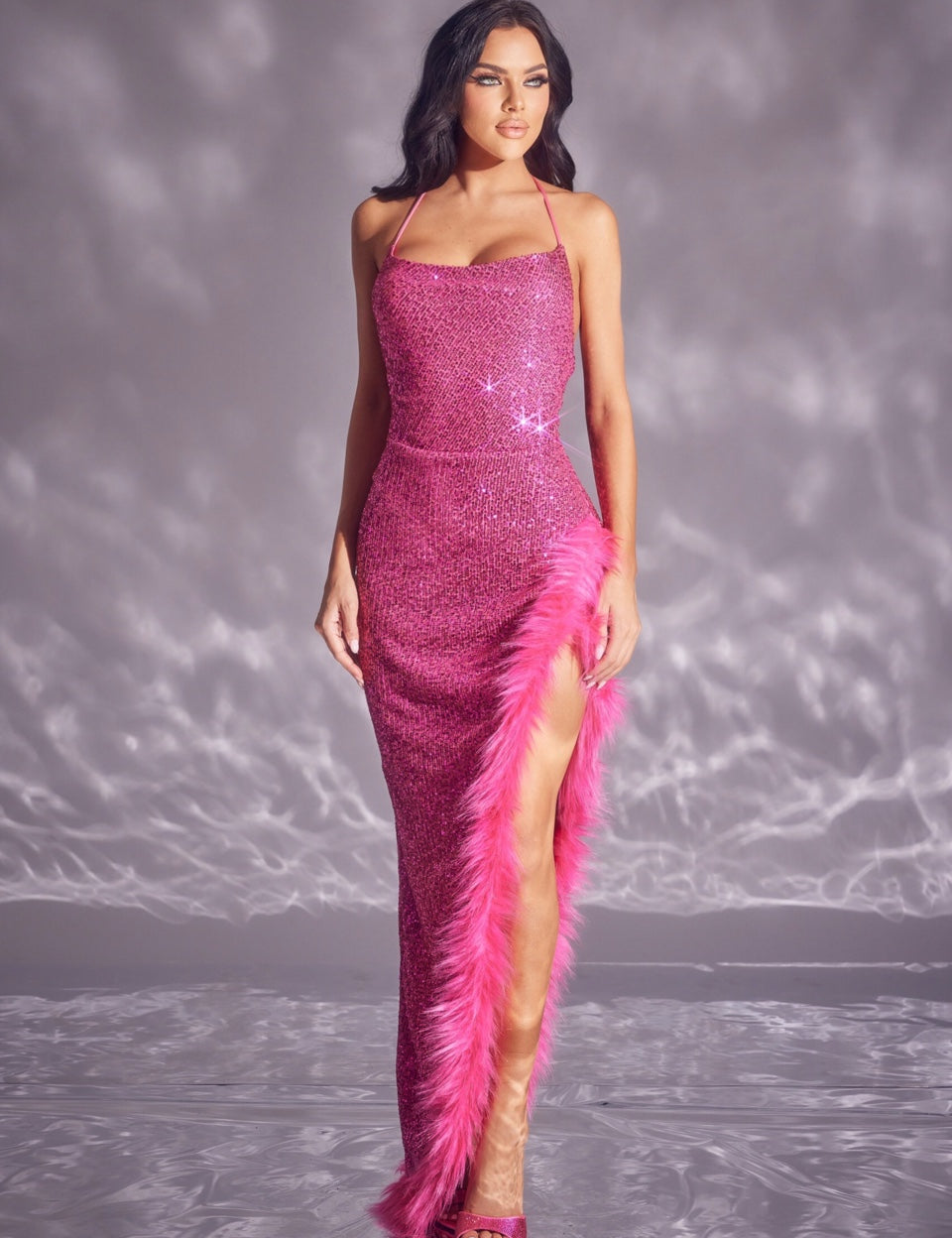 Sequin Mesh Halter Gown