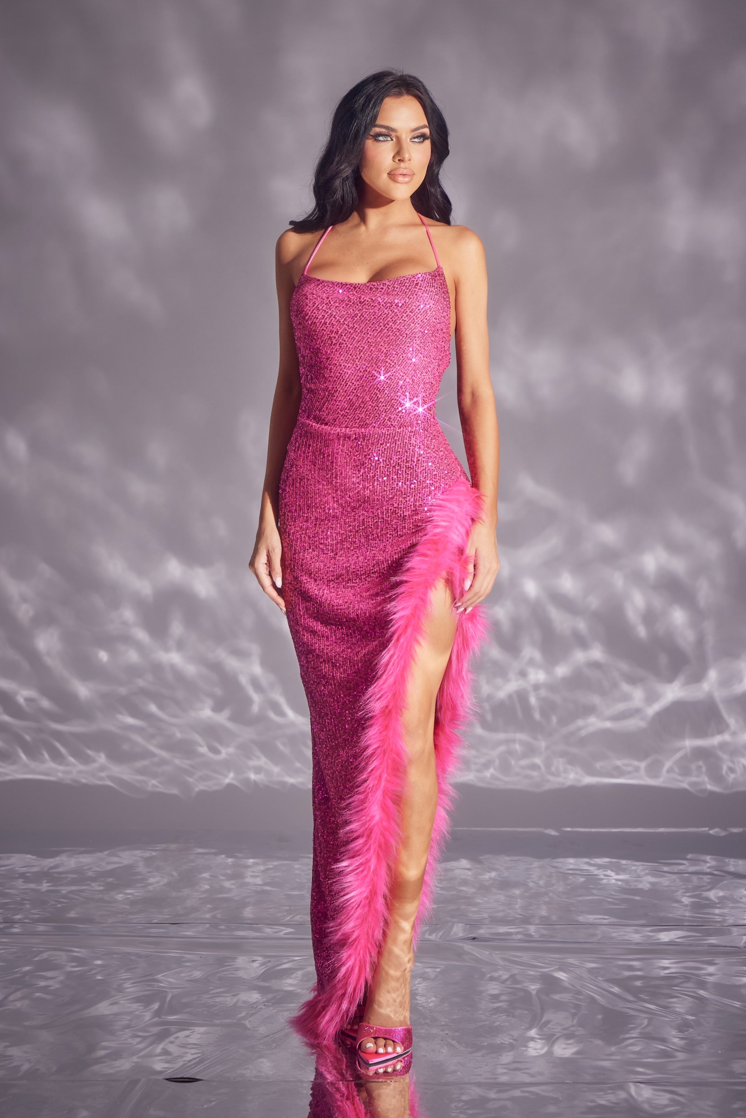 Sequin Mesh Halter Gown