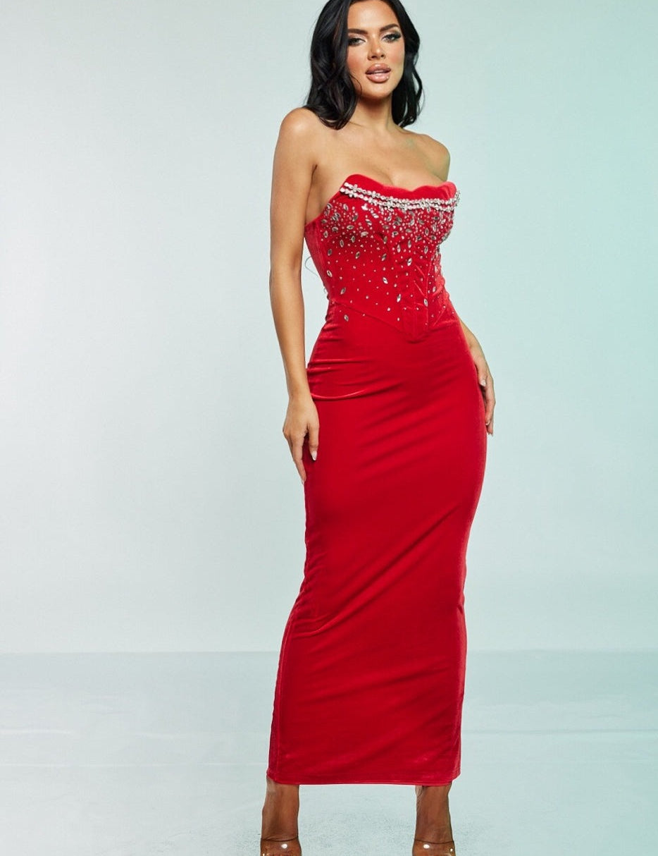 Rhinestone Velvet Corset Maxi Gown