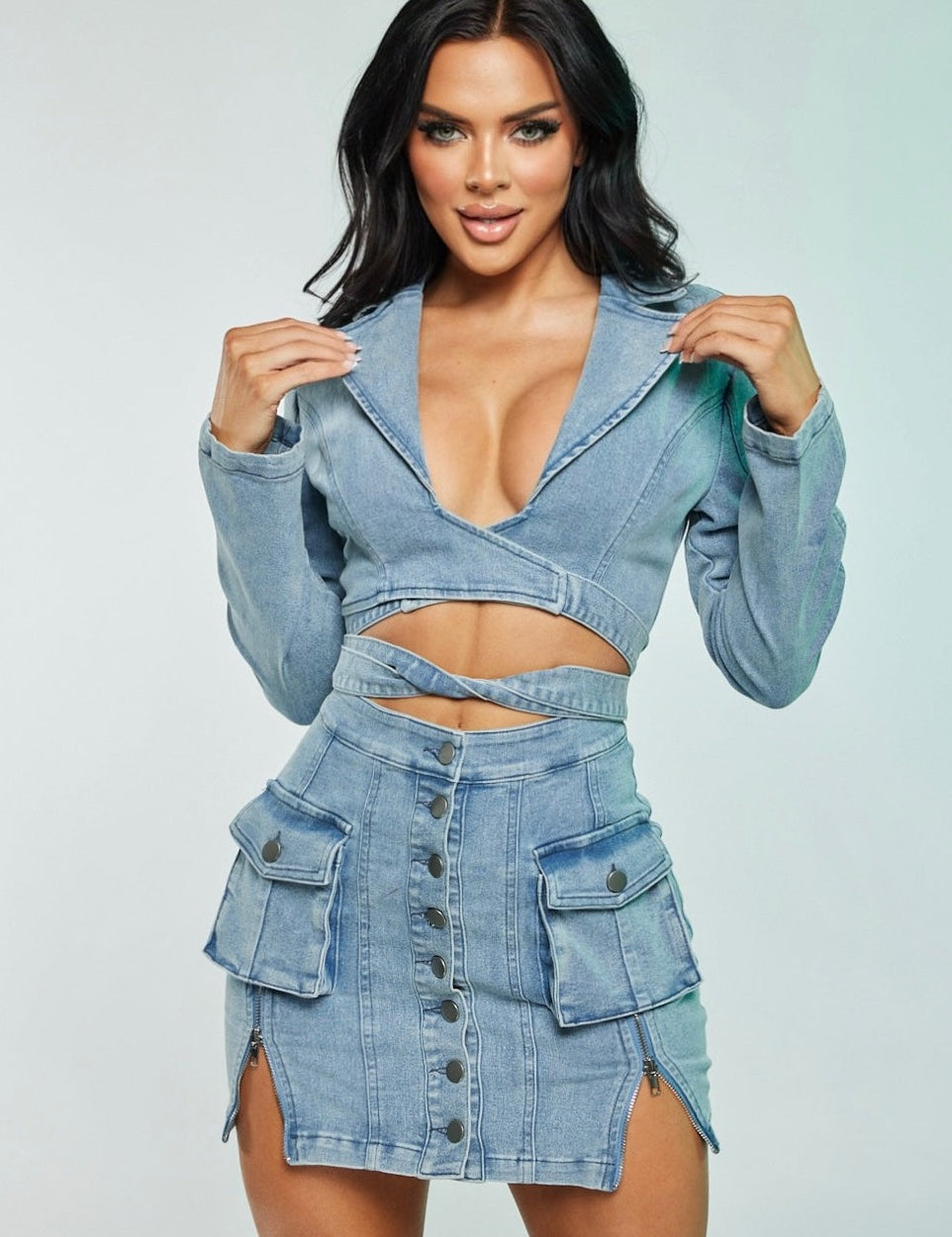 Long Sleeve Denim Cutout Wrap Mini Dress