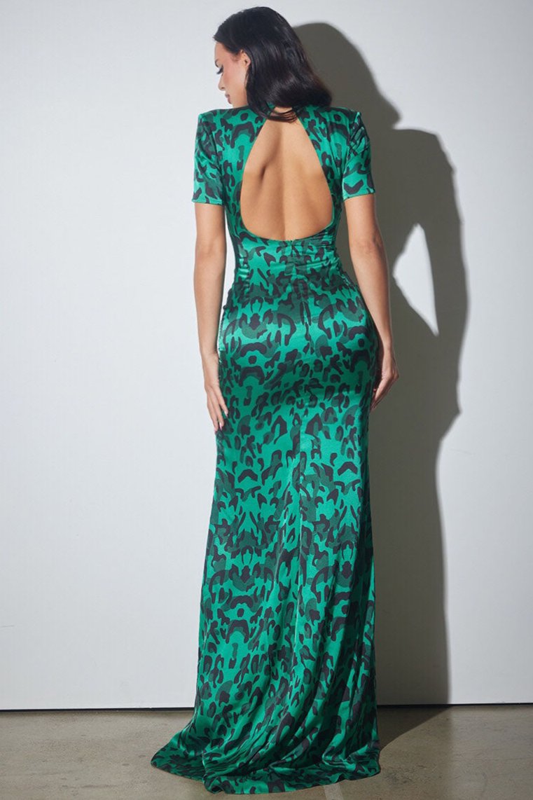 Satin Animal Print Keyhole Maxi Dress