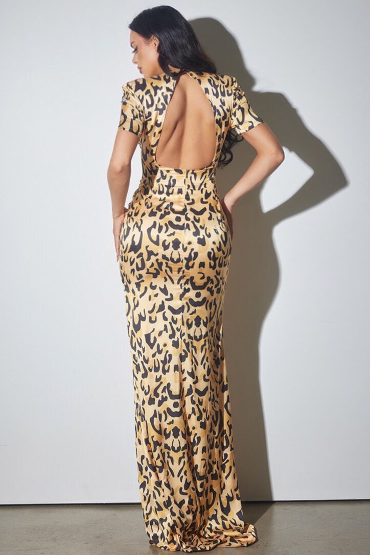 Satin Animal Print Keyhole Maxi Dress