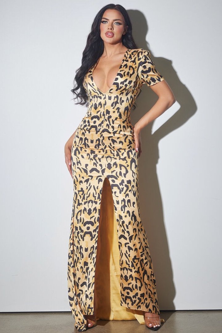 Satin Animal Print Keyhole Maxi Dress