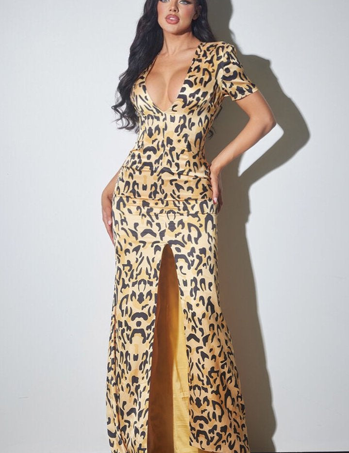 Satin Animal Print Keyhole Maxi Dress