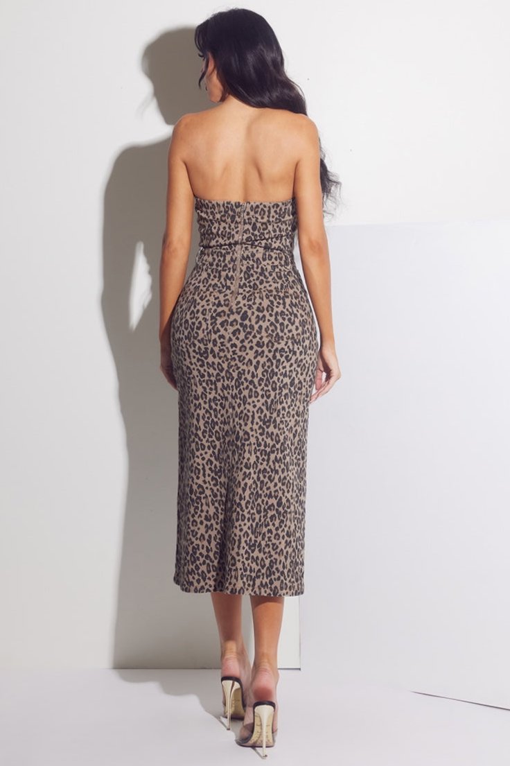 Strapless Denim Animal Print Midi Dress