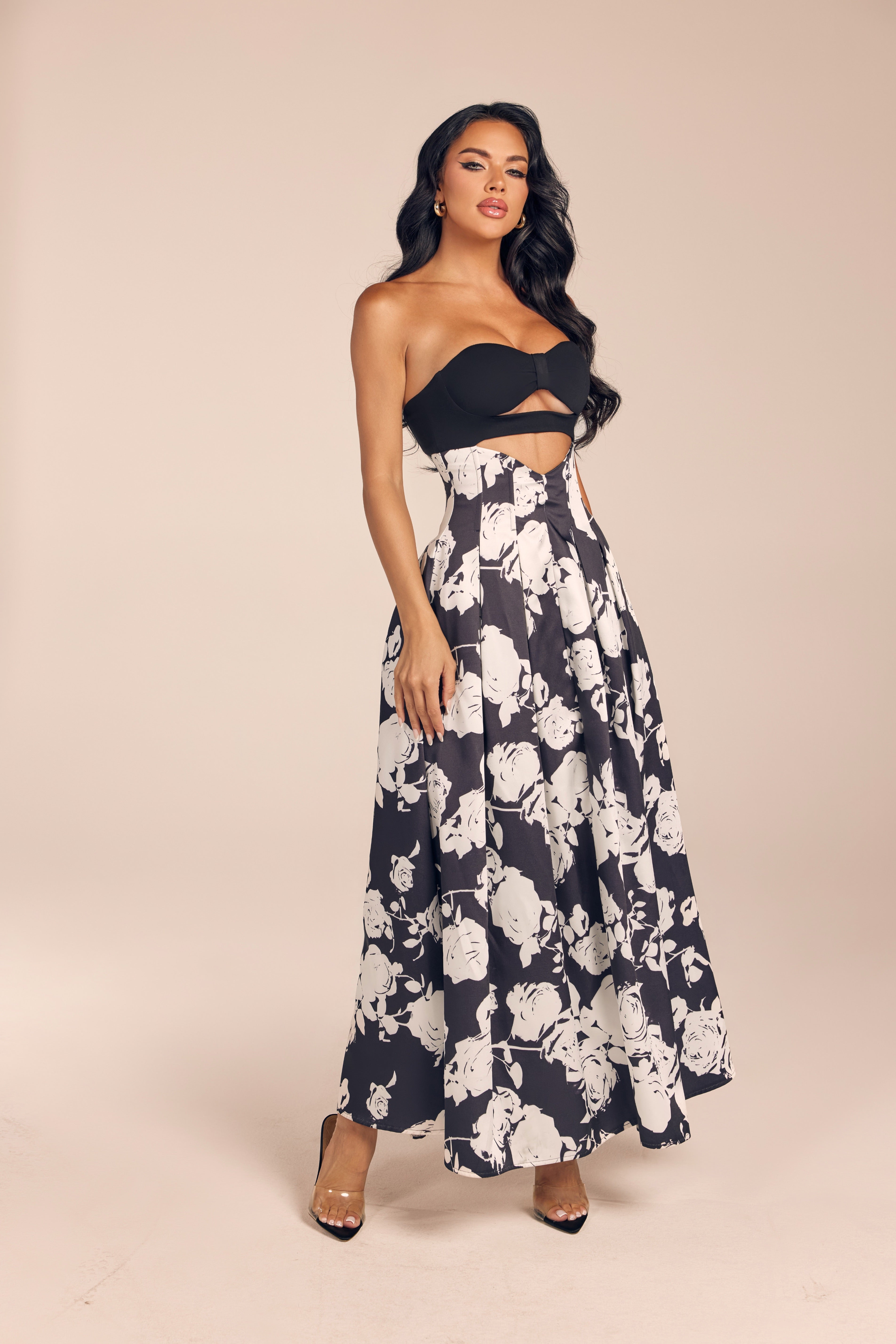 Floral Print Strapless Cutout Maxi Dress with Pleated A-Line