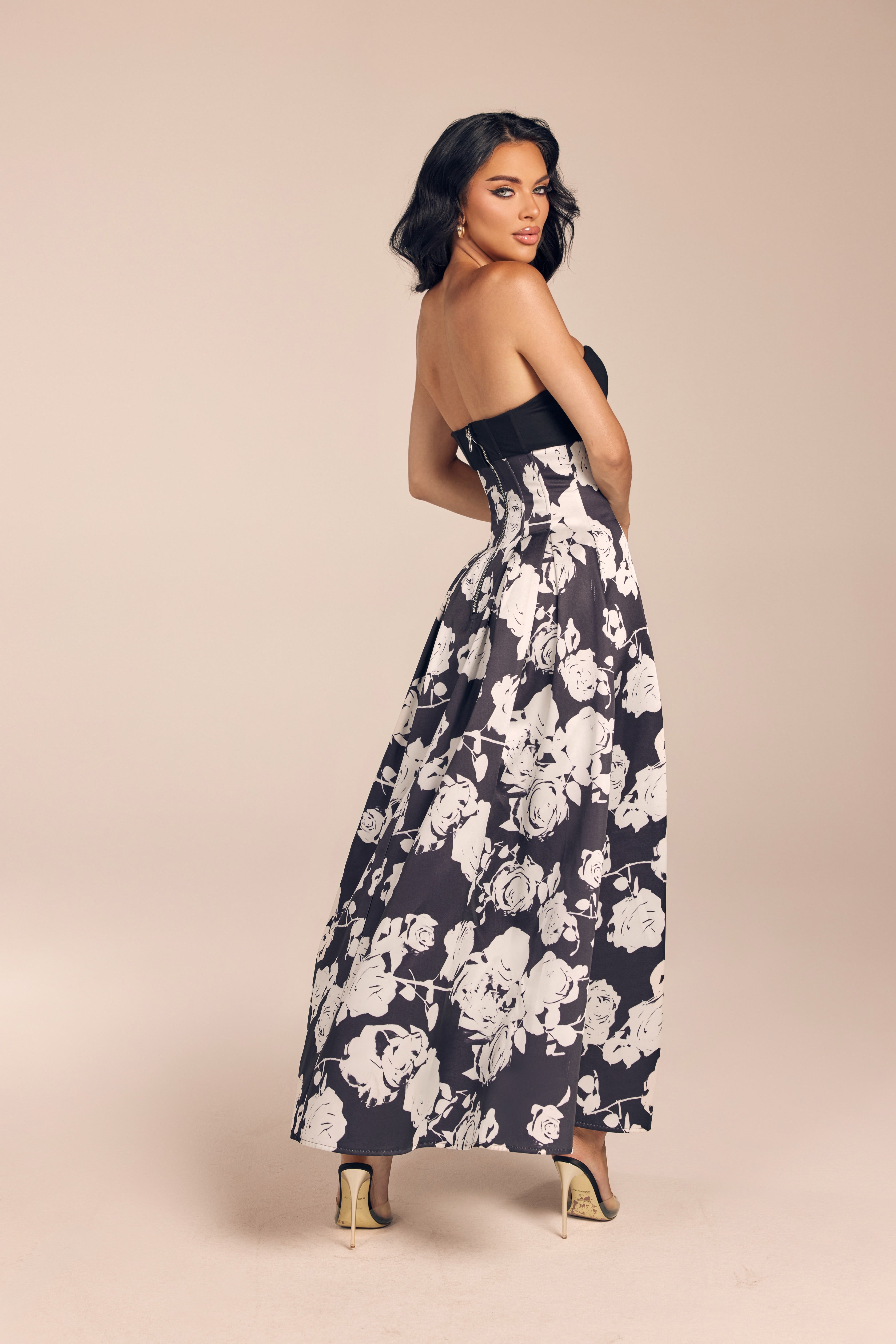 Floral Print Strapless Cutout Maxi Dress with Pleated A-Line