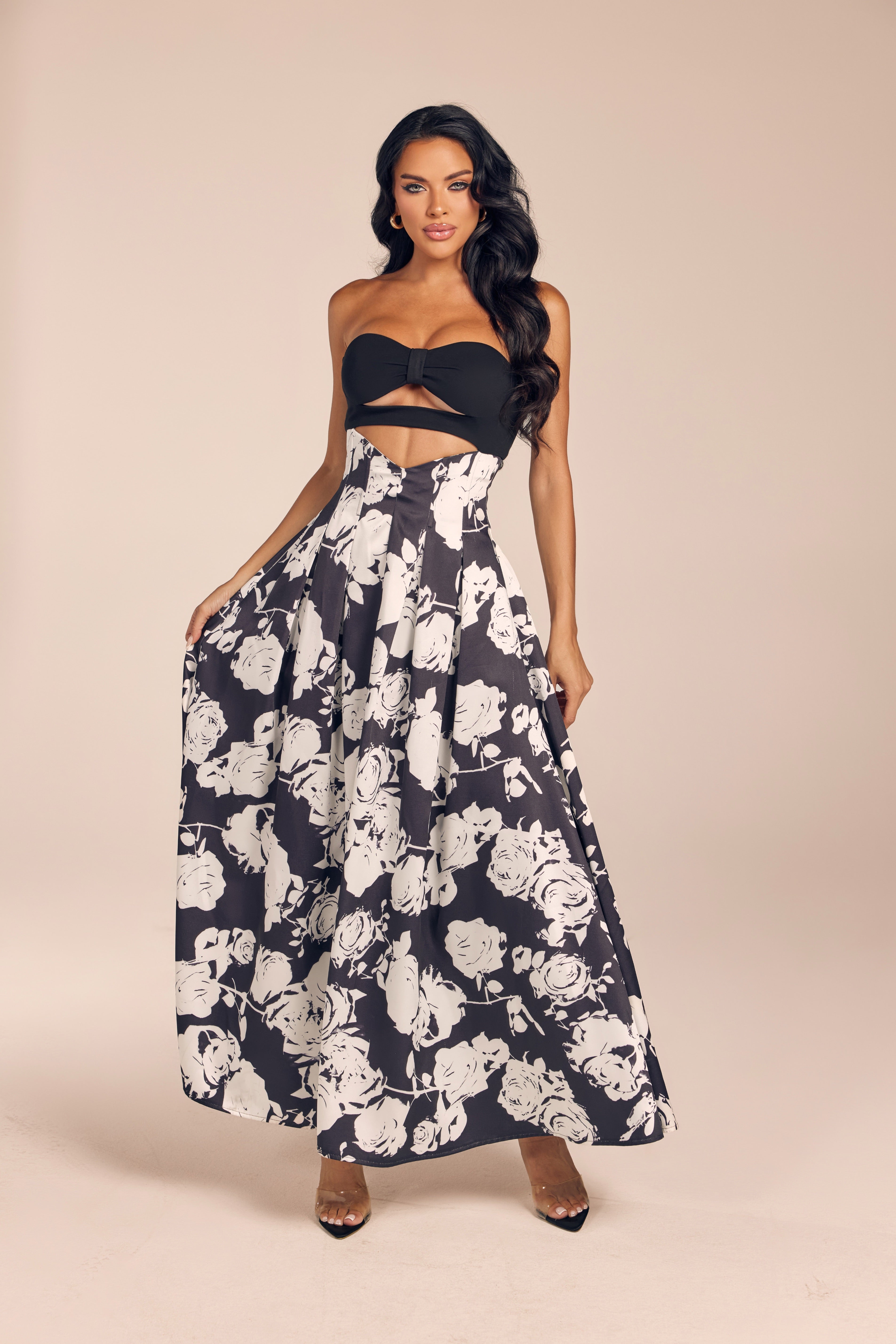 Floral Print Strapless Cutout Maxi Dress with Pleated A-Line