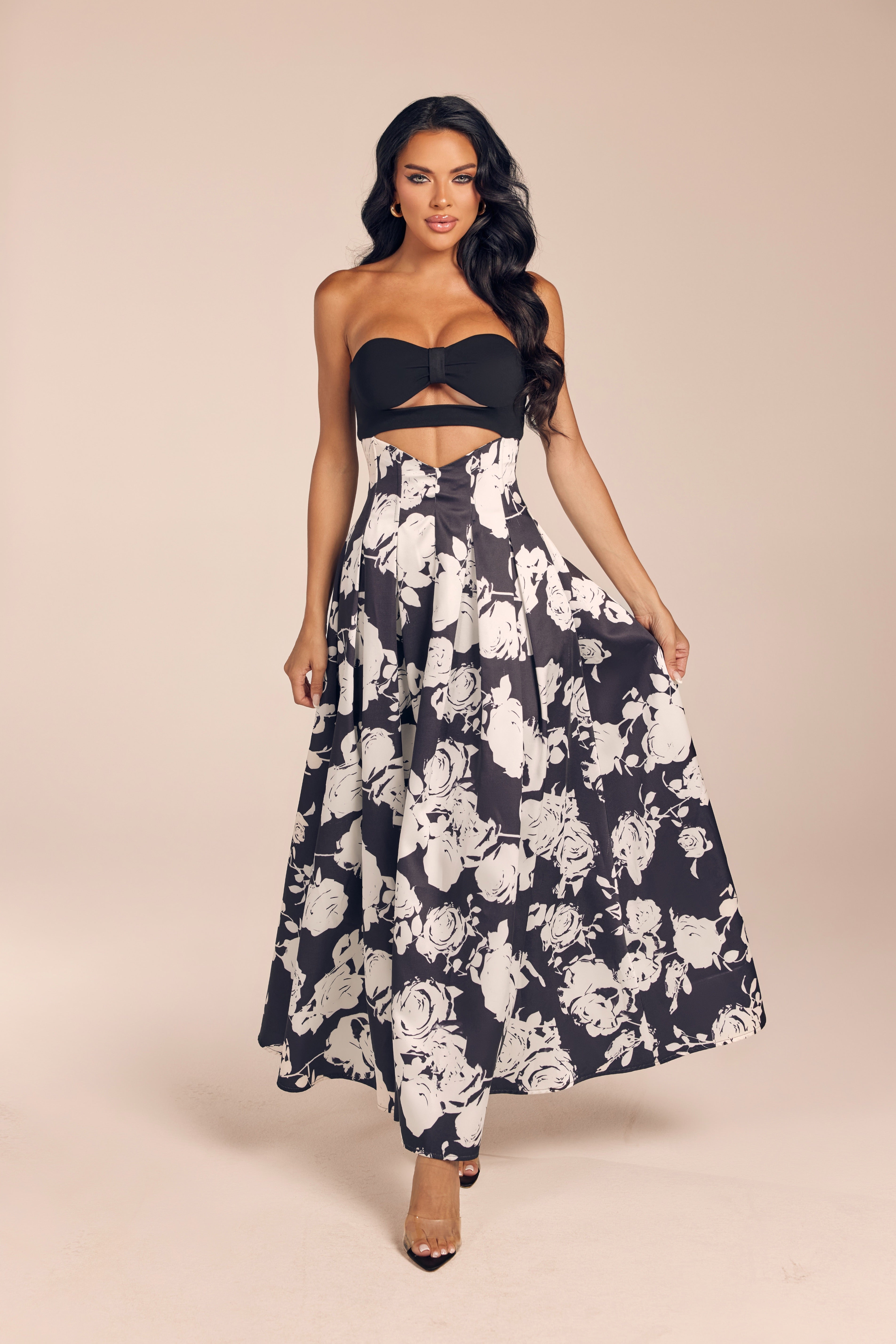Floral Print Strapless Cutout Maxi Dress with Pleated A-Line