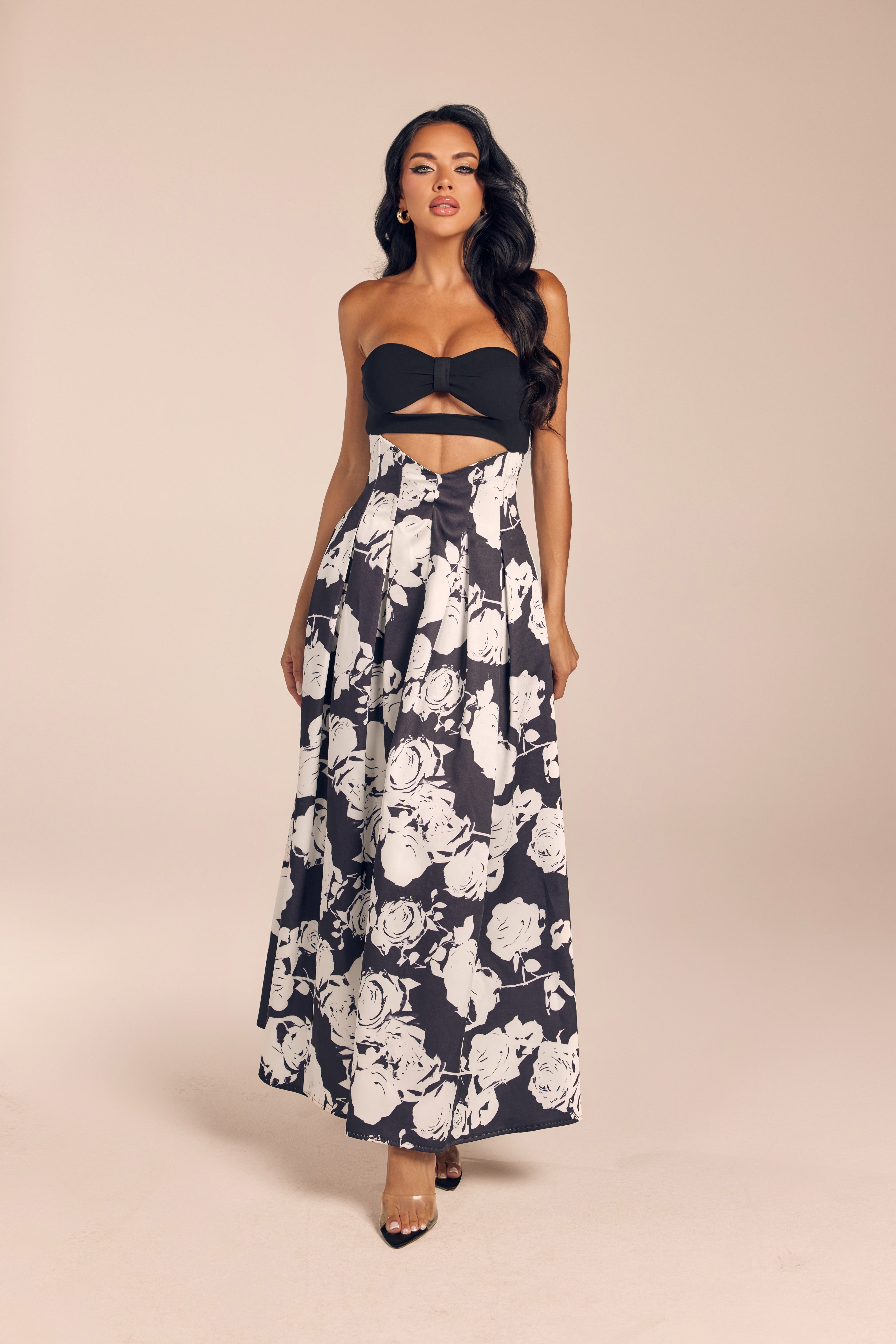 Floral Print Strapless Cutout Maxi Dress with Pleated A-Line