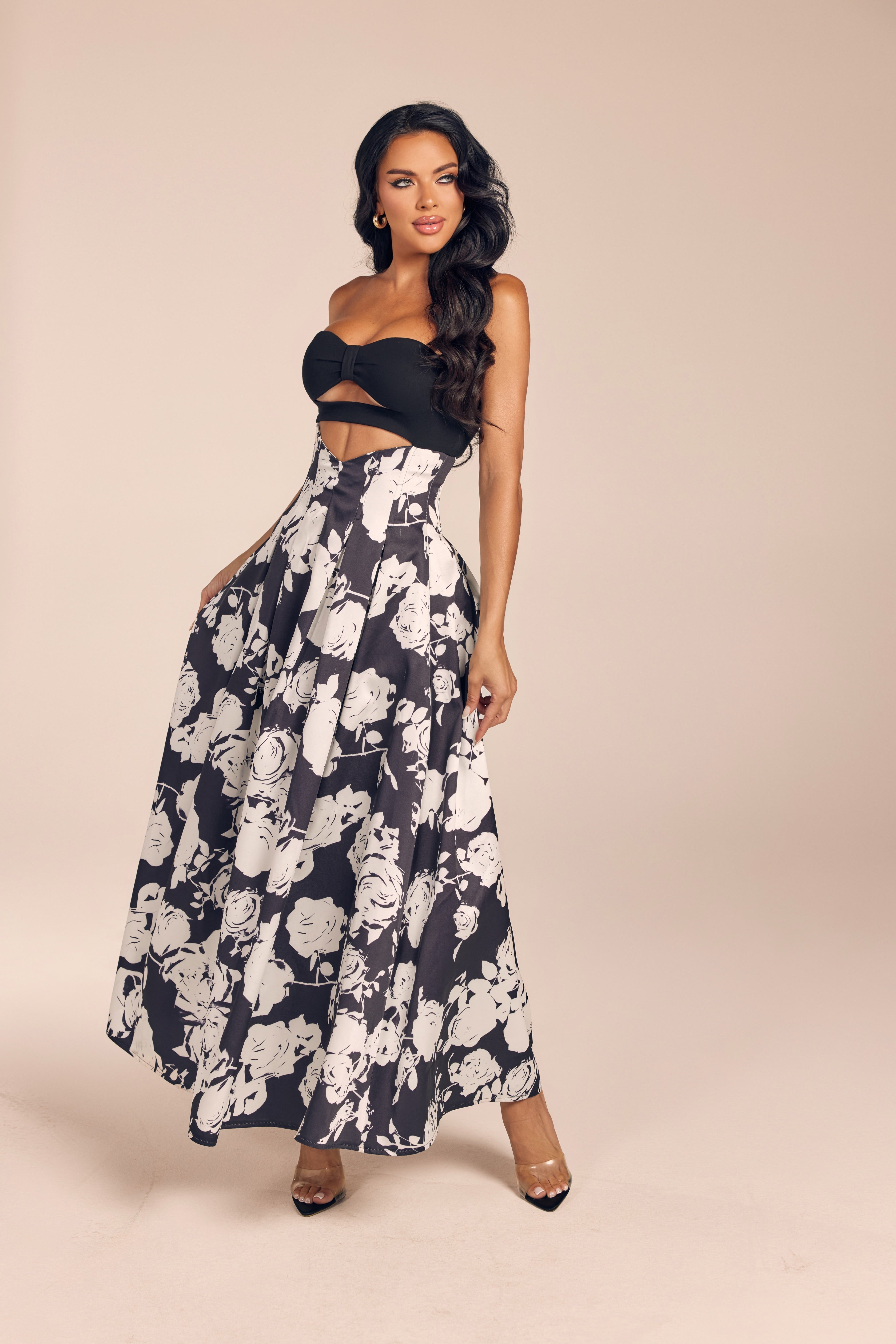 Floral Print Strapless Cutout Maxi Dress with Pleated A-Line