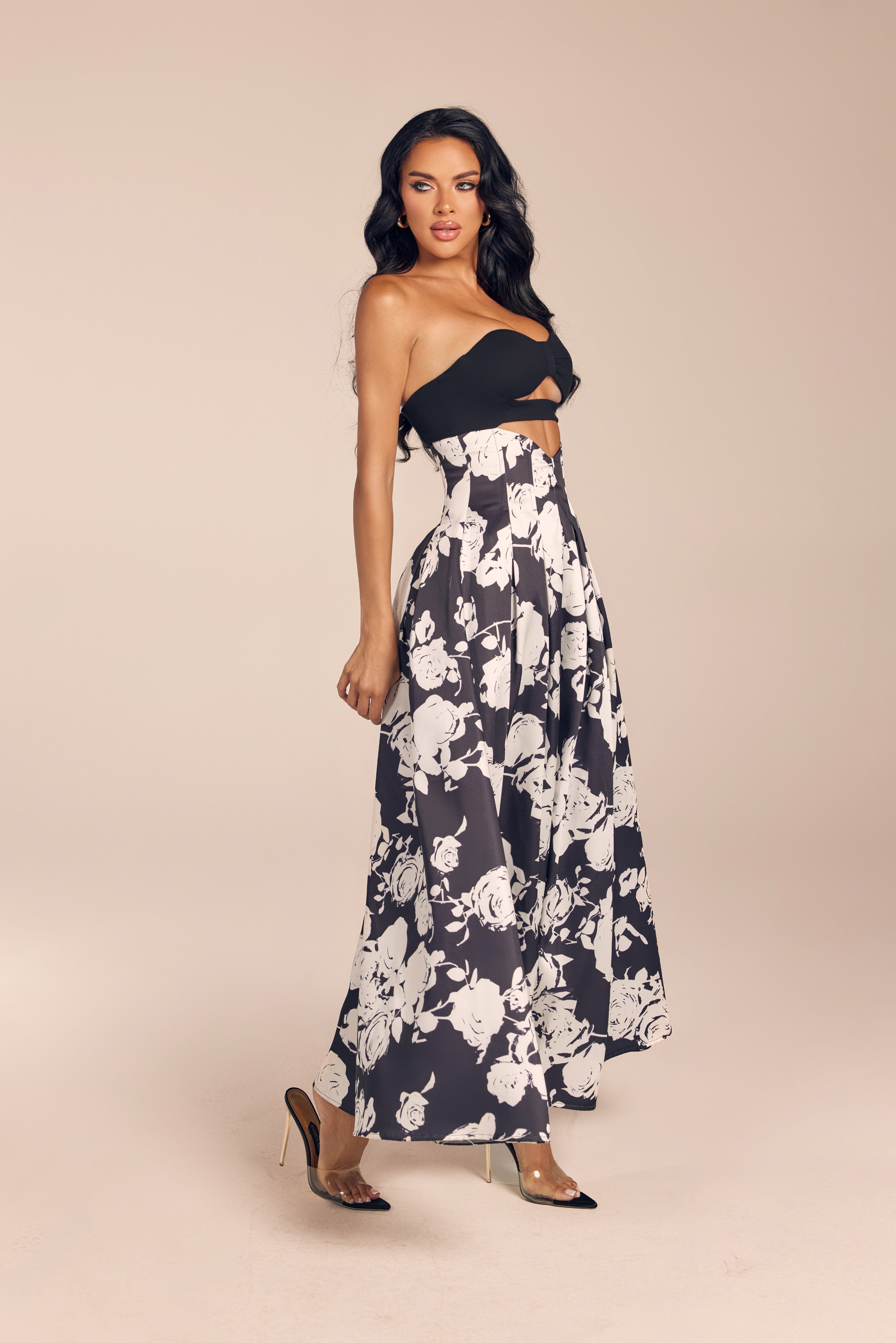 Floral Print Strapless Cutout Maxi Dress with Pleated A-Line