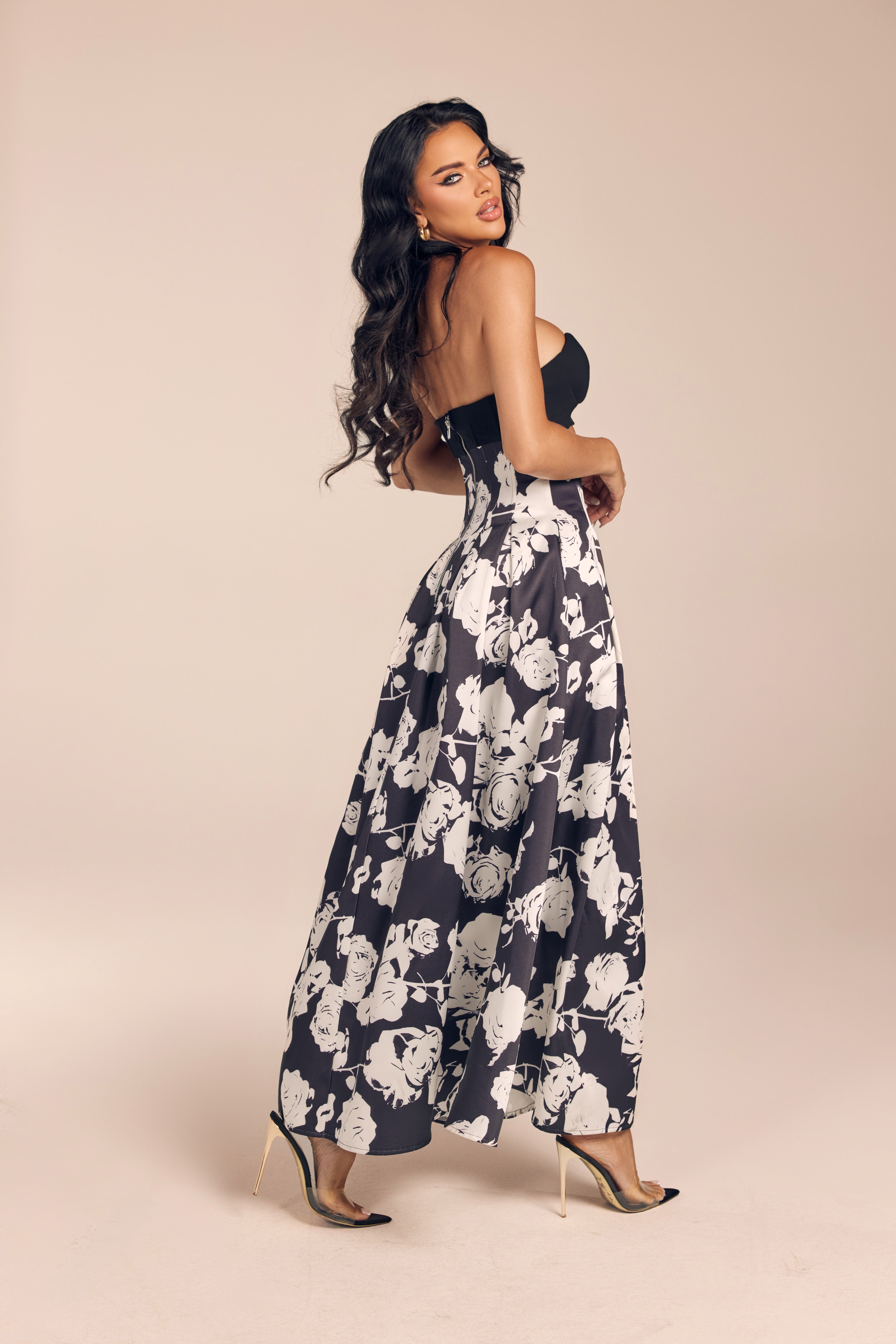 Floral Print Strapless Cutout Maxi Dress with Pleated A-Line