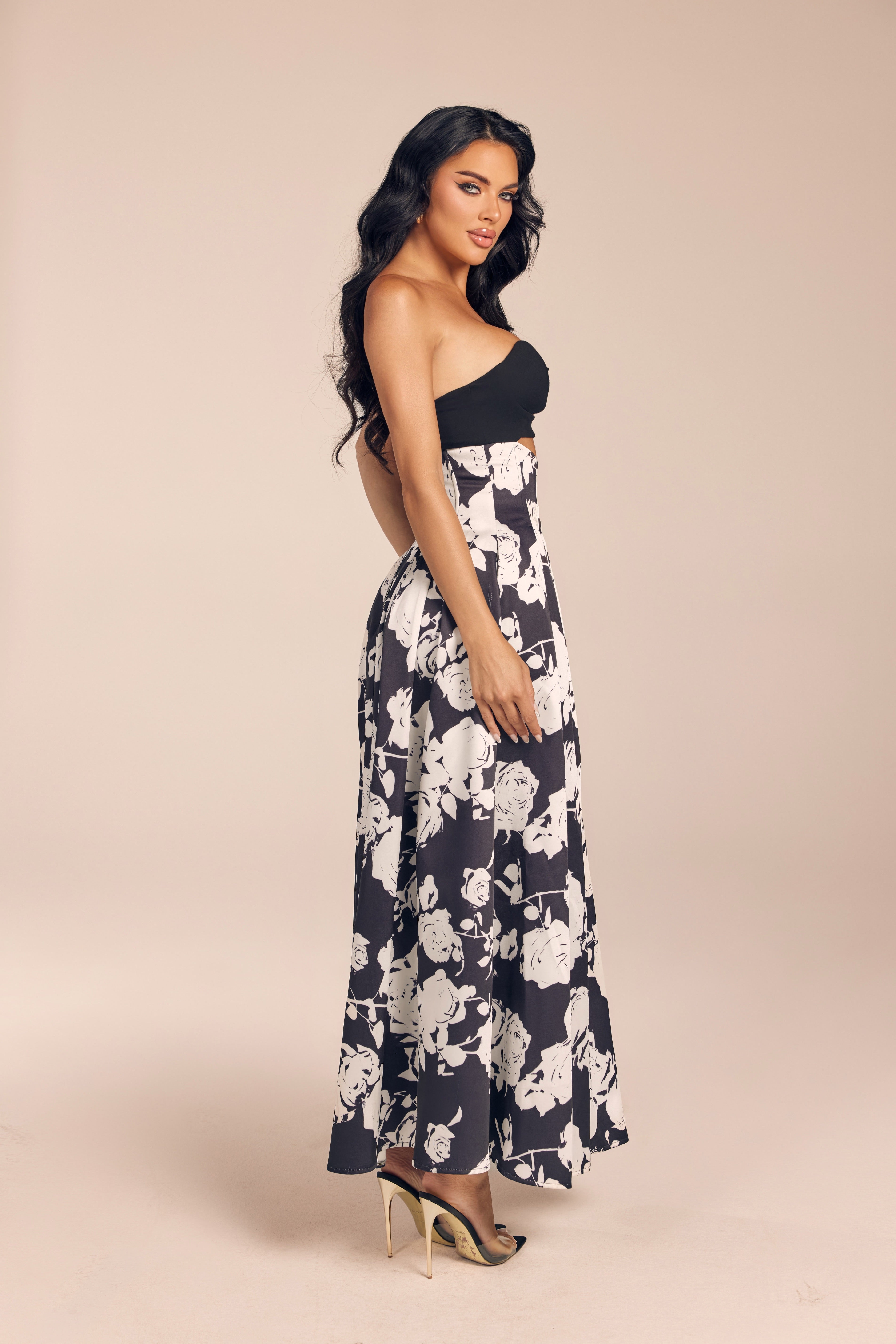 Floral Print Strapless Cutout Maxi Dress with Pleated A-Line
