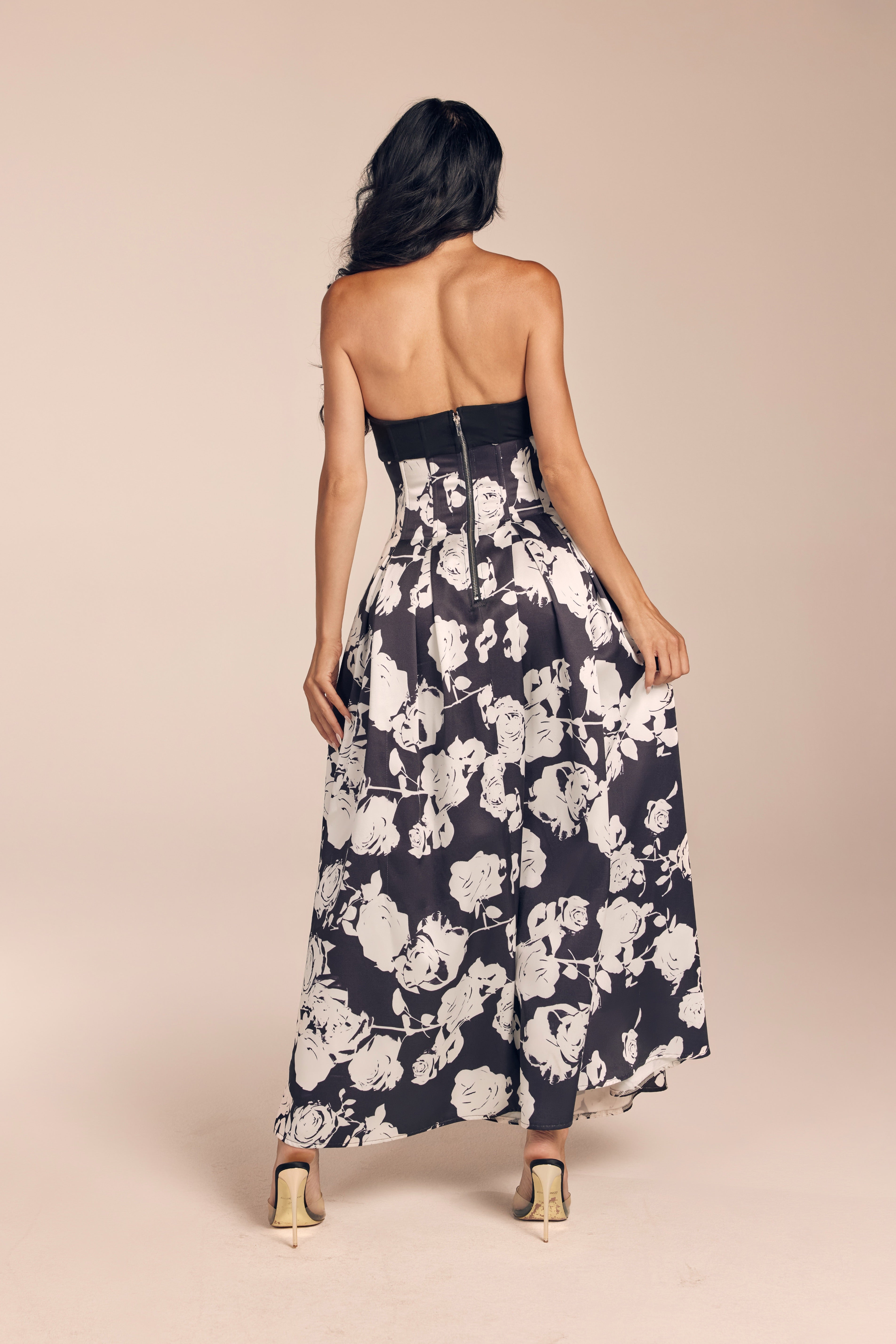 Floral Print Strapless Cutout Maxi Dress with Pleated A-Line