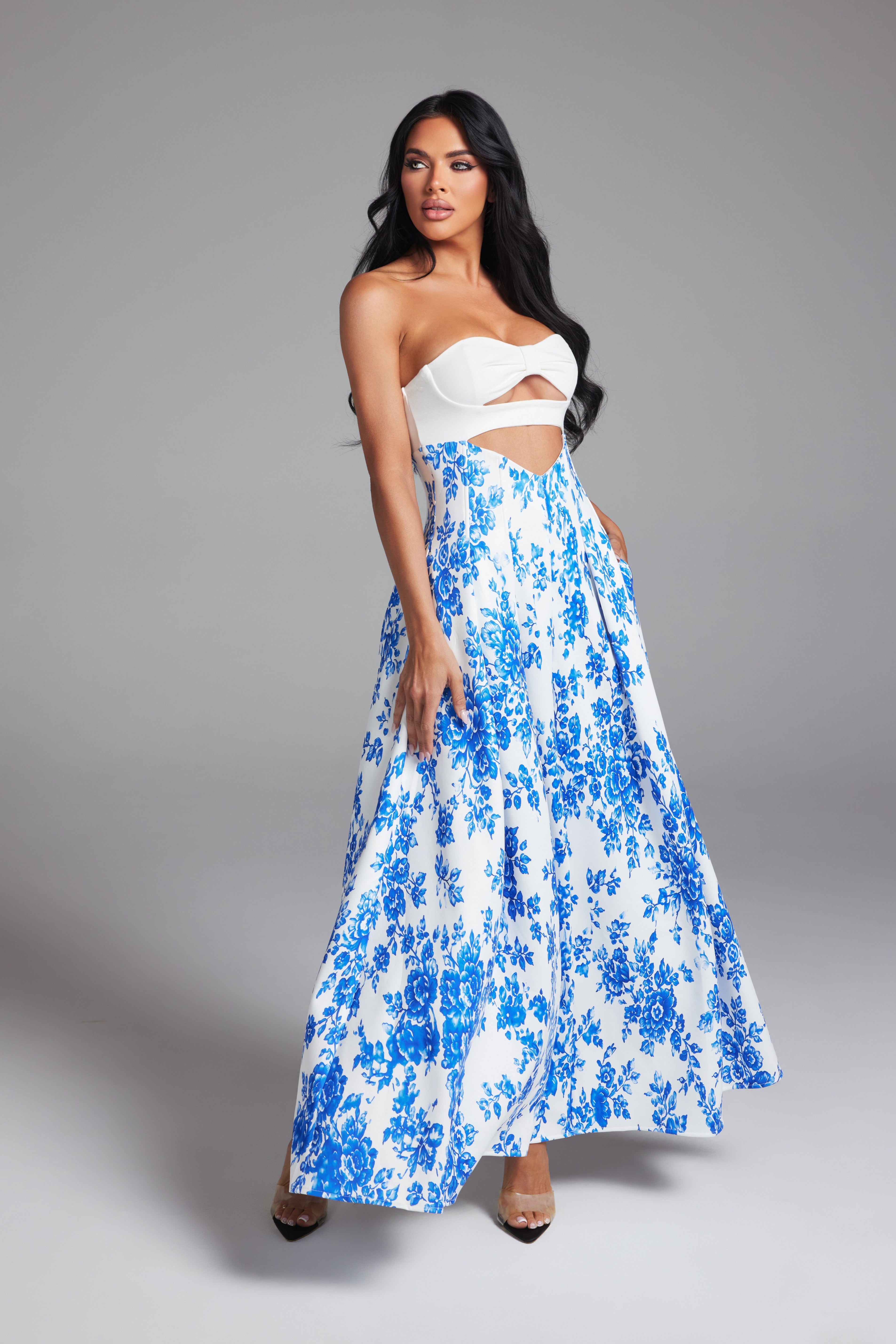 Floral Print Strapless Cutout Maxi Dress with Pleated A-Line