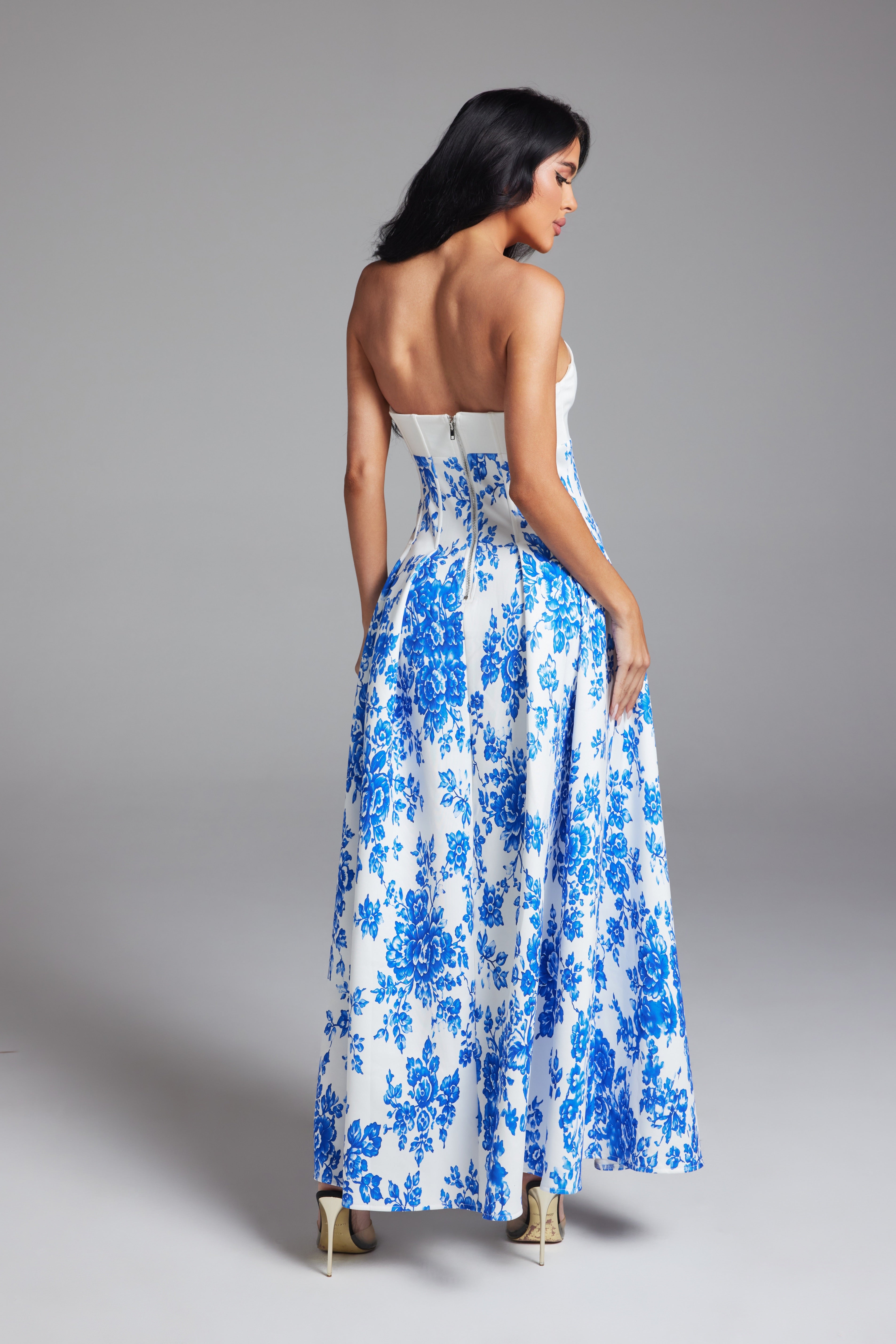 Floral Print Strapless Cutout Maxi Dress with Pleated A-Line