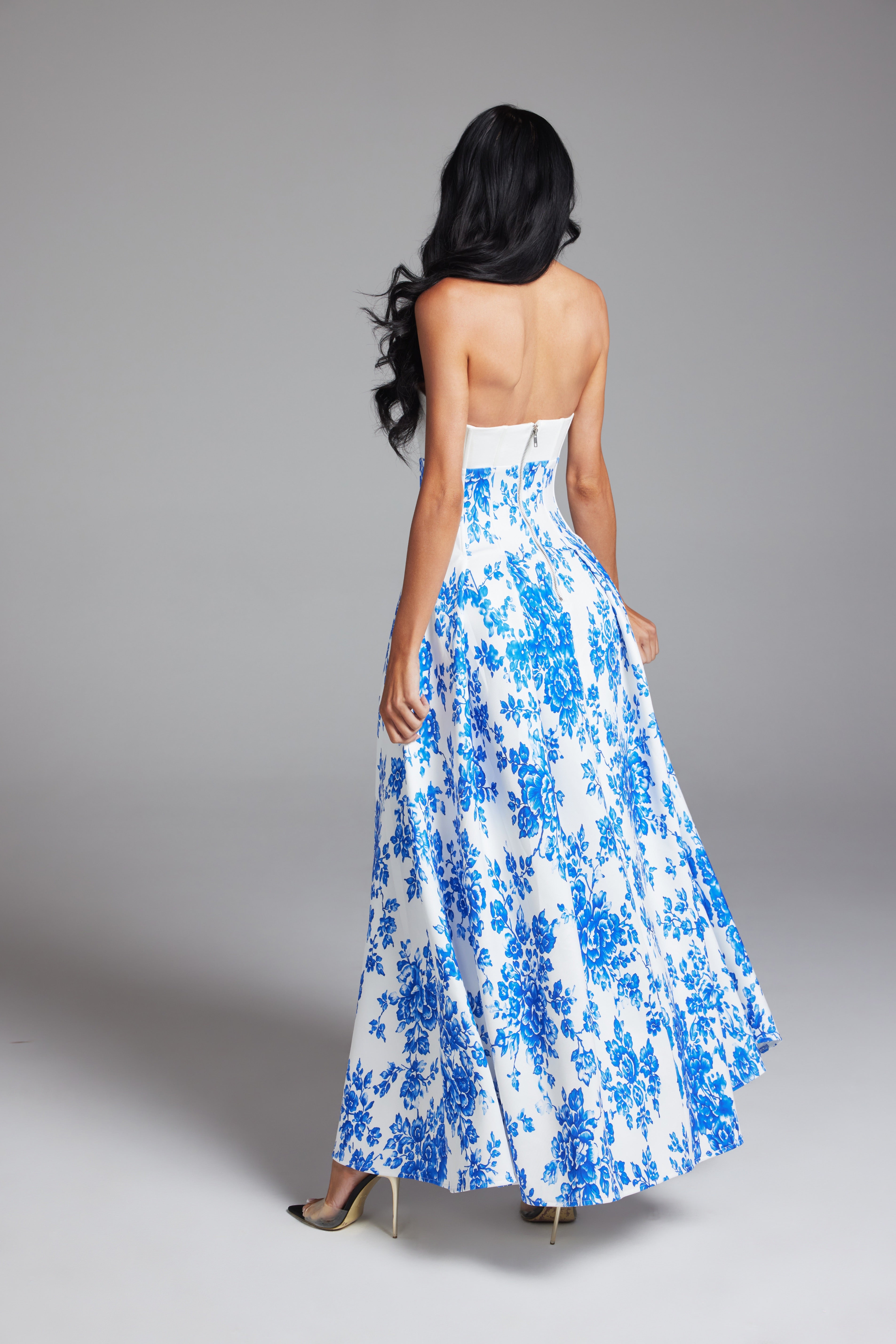 Floral Print Strapless Cutout Maxi Dress with Pleated A-Line