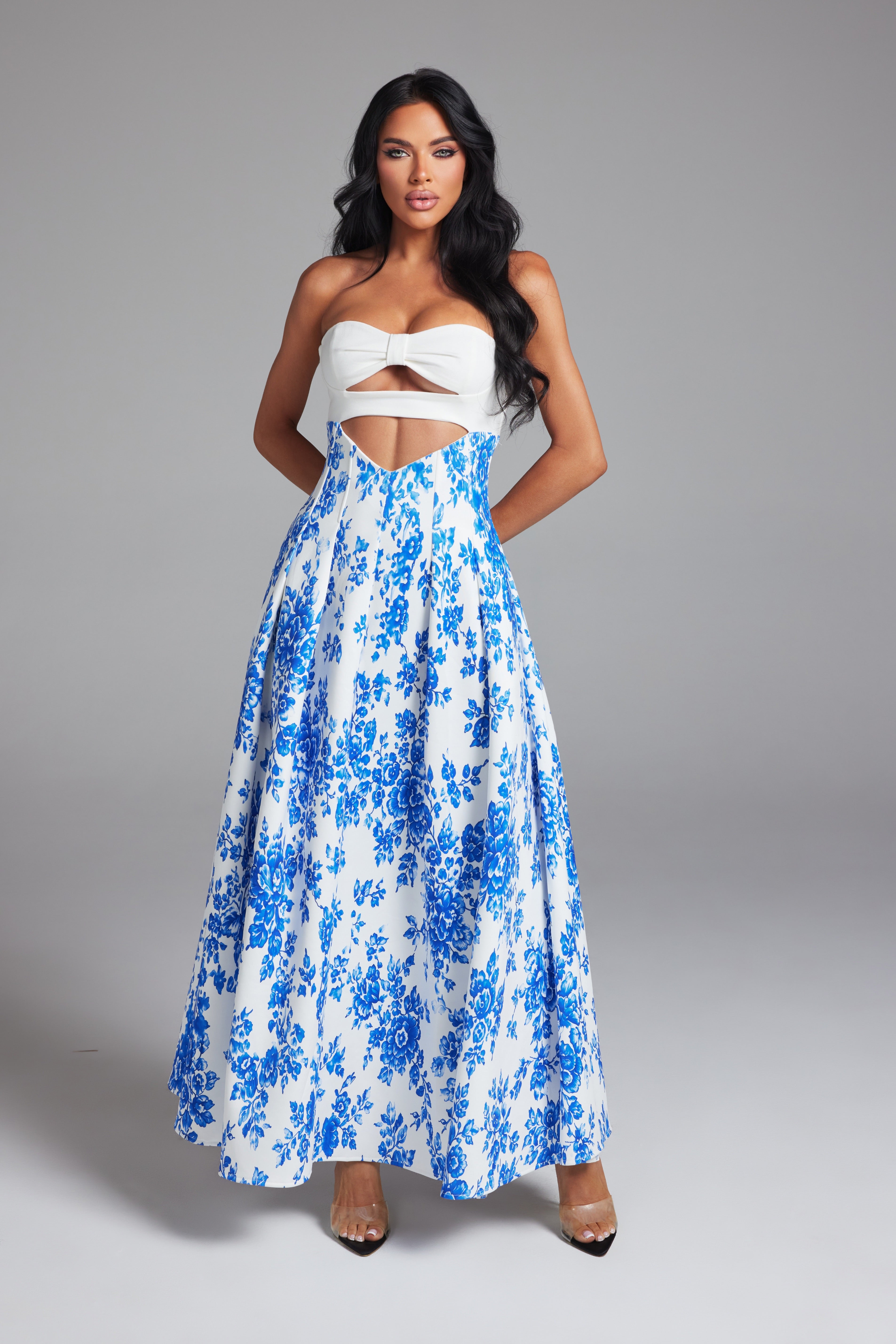 Floral Print Strapless Cutout Maxi Dress with Pleated A-Line
