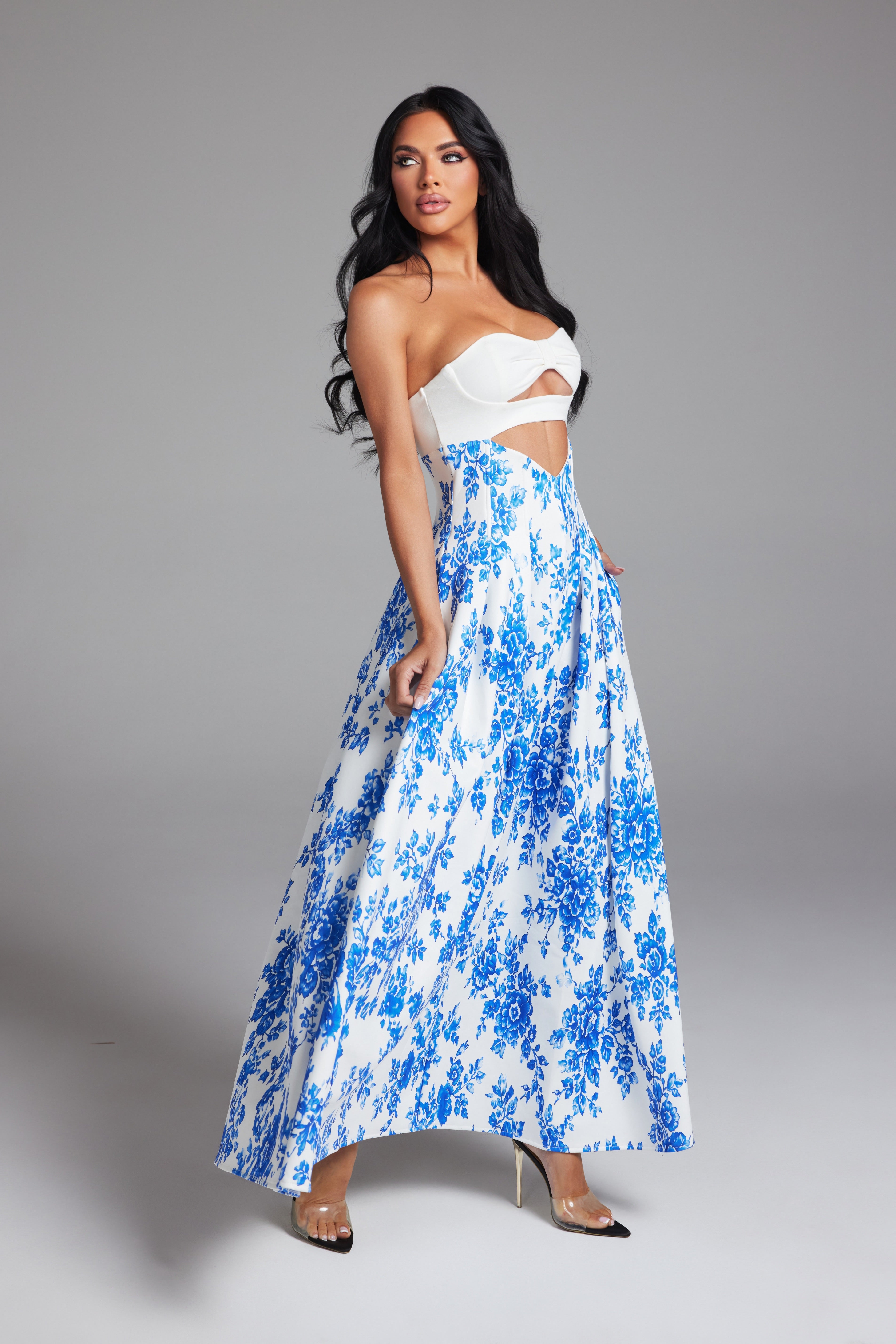 Floral Print Strapless Cutout Maxi Dress with Pleated A-Line