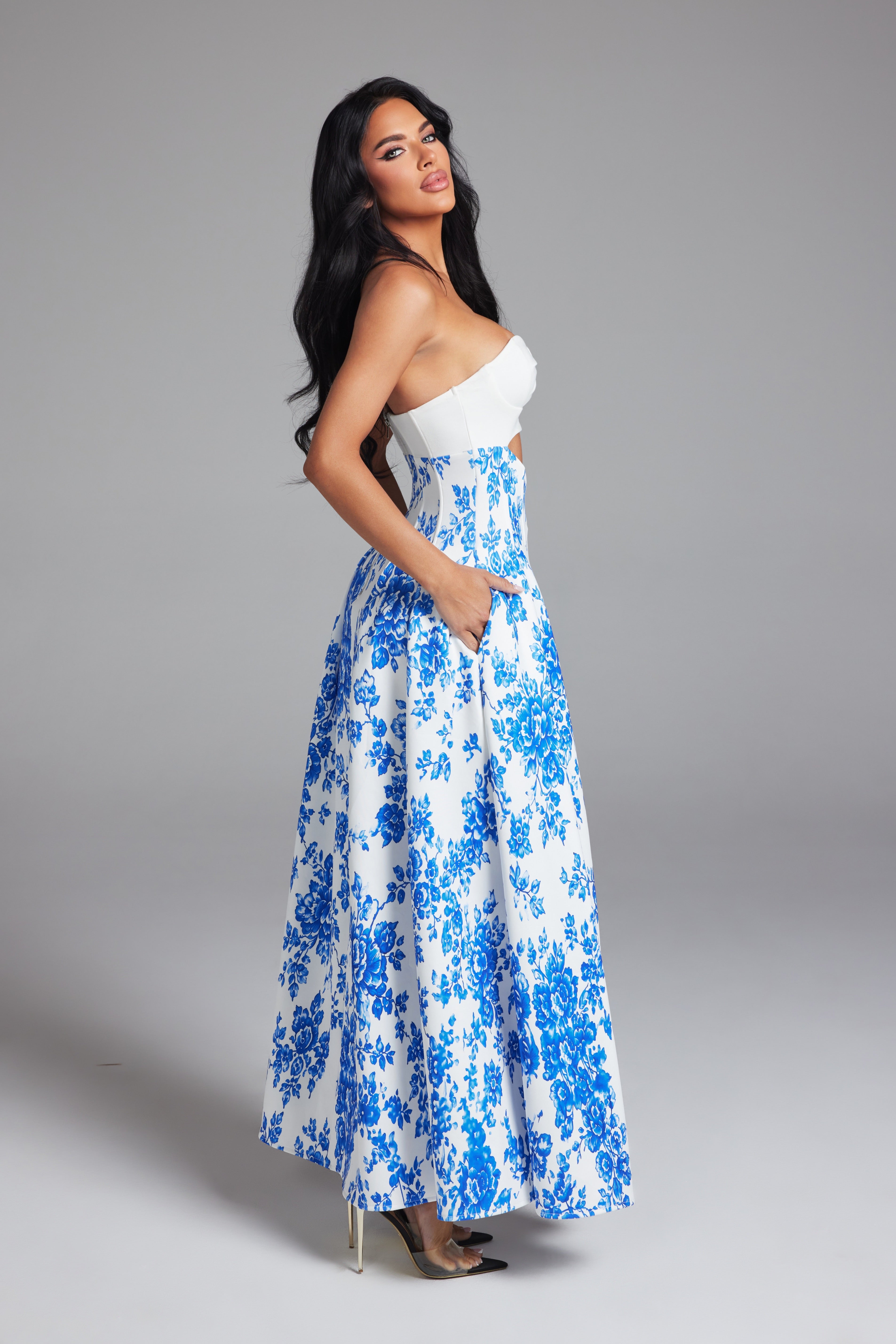Floral Print Strapless Cutout Maxi Dress with Pleated A-Line