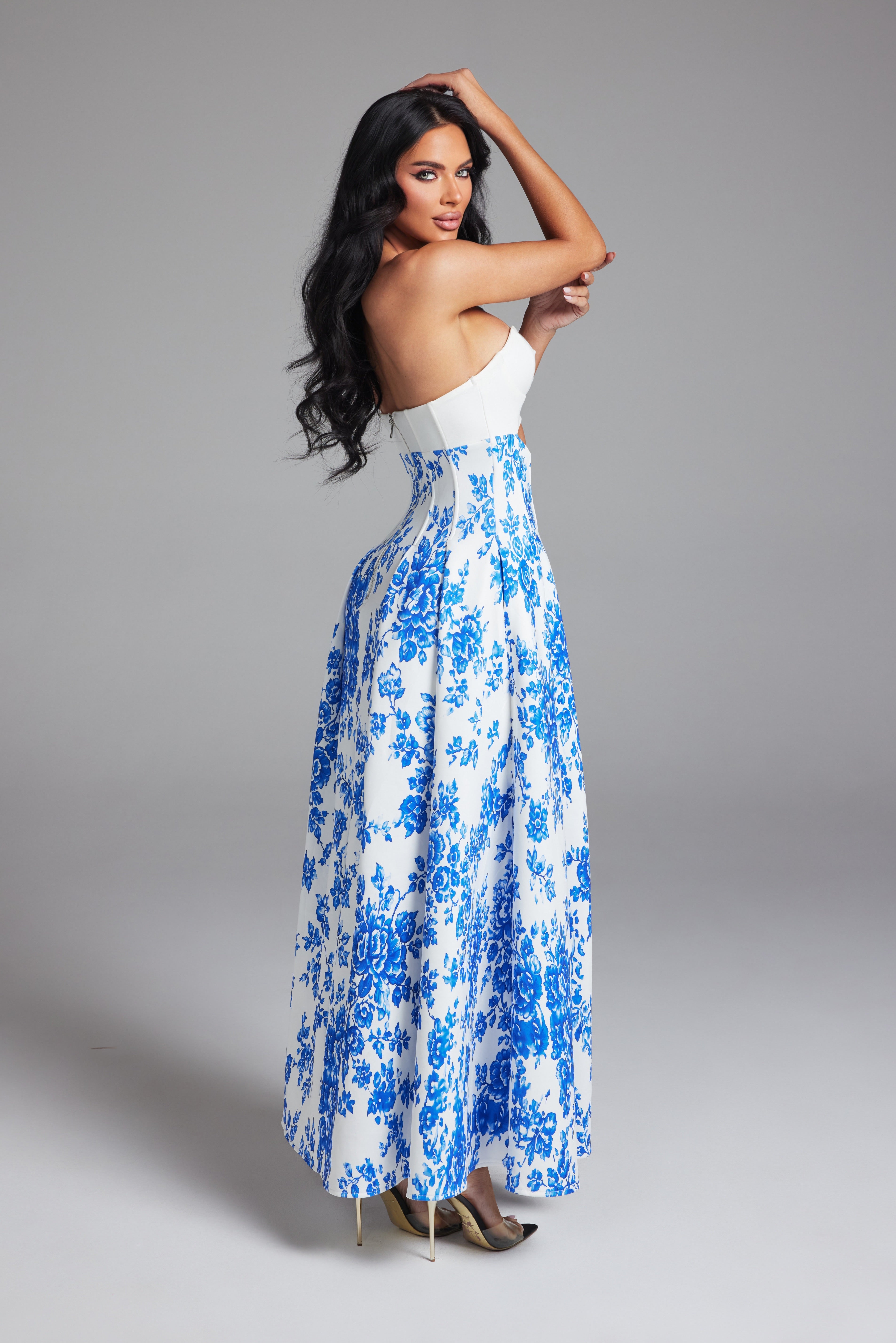 Floral Print Strapless Cutout Maxi Dress with Pleated A-Line